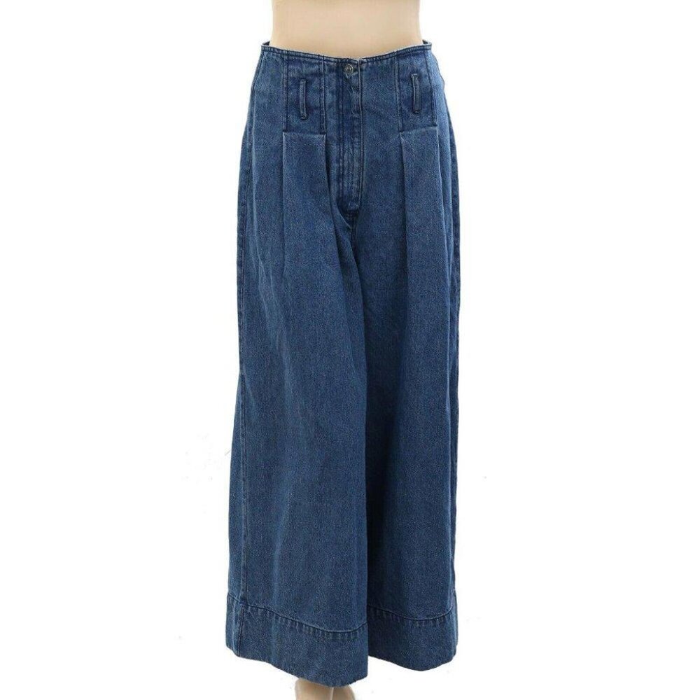 Merlette Solid Denim Pants Blue Flared Solid High Waisted Cotton XS New